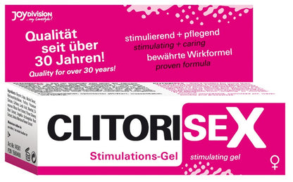 JOYDIVISION CLITORISEX – pink-weiße Originalverpackung des stimulierenden Intimgels mit großem CLITORISEX Schriftzug, JOYDIVISION Markenlogo und Produktinformationen, Vorder- und Rückseite gemeinsam dargestellt – erhältlich bei Evoria Care