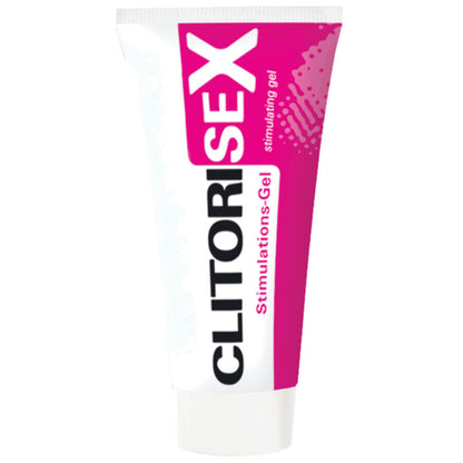 JOYDIVISION CLITORISEX – weiße Tube des stimulierenden Intimgels mit pinkfarbenem oberen Bereich, schwarzem CLITORISEX Schriftzug und weißem Verschluss in aufrechter Produktansicht auf weißem Hintergrund – erhältlich bei Evoria Care