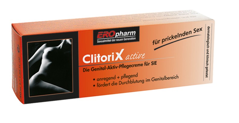 JOYDIVISION EROpharm ClitoriX – orangefarbene Originalverpackung der Aktiv-Pflegecreme für die Klitoris mit schwarzem Produktetikett, weißem ClitoriX Schriftzug und dekorativer Abbildung in schräger Produktansicht auf weißem Hintergrund – erhältlich bei Evoria Care