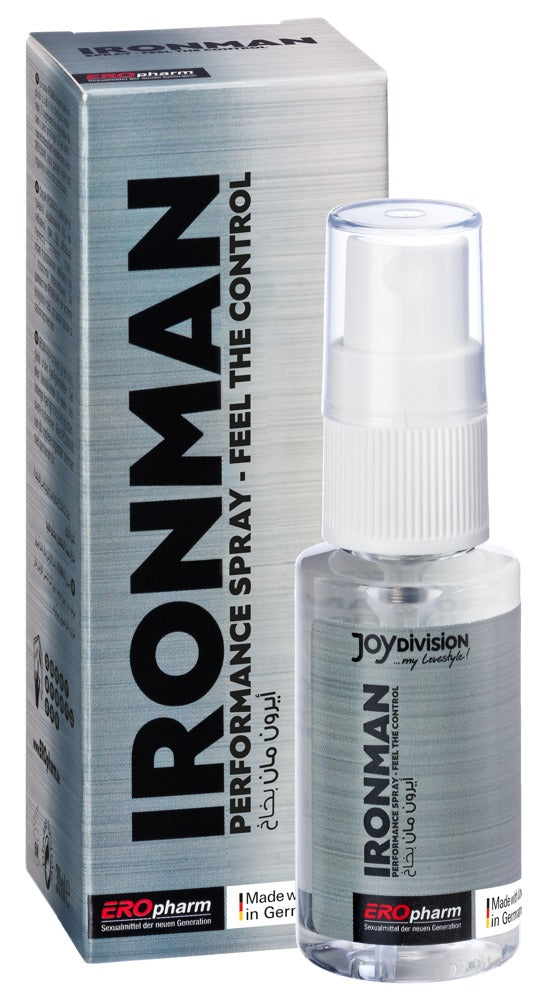 JOYDIVISION EROpharm IRONMAN – Control-Spray für Männer in silberfarbener Sprühflasche mit weißem Sprühkopf und schwarzer Produktbeschriftung, neben der silbernen Originalverpackung mit großem vertikalem IRONMAN Schriftzug – erhältlich bei Evoria Care