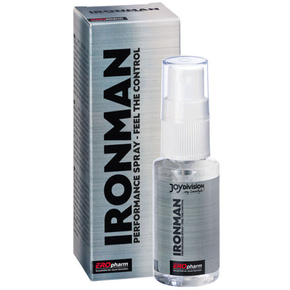 JOYDIVISION EROpharm IRONMAN – Control-Spray für Männer mit silberfarbener Sprühflasche, weißem Sprühkopf und silberner Originalverpackung mit vertikalem IRONMAN Schriftzug in alternativer Produktperspektive – erhältlich bei Evoria Care