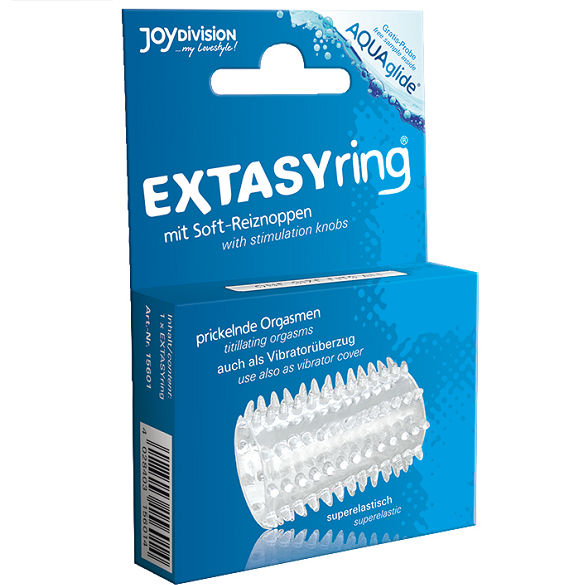 JOYDIVISION EXTASYring – Rückansicht der schwarz-blauen Originalverpackung mit Produktinformationen und Abbildung des transparenten Stimulationsrings mit Noppenstruktur – erhältlich bei Evoria Care