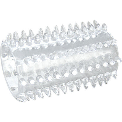 JOYDIVISION EXTASYring – transparenter Stimulationsring mit zylindrischer Form, flexibler Ringöffnung und dicht angeordneten Noppen auf der Außenseite in schräger Produktansicht auf weißem Hintergrund – erhältlich bei Evoria Care
