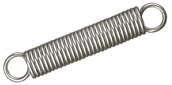 JOYDIVISION LOVESWING – extra-elastische silberfarbene Metallfeder für Liebesschaukeln, speziell für leichte Personen, mit länglicher eng gewickelter Stahlspirale und zwei geschlossenen Befestigungsösen in diagonaler Produktansicht auf weißem Hintergrund – erhältlich bei Evoria Care