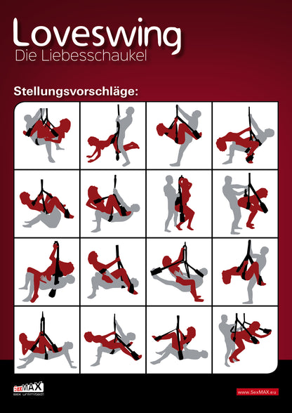 JOYDIVISION LOVESWING Multi Vario – Rückseite der rot-schwarzen Originalverpackung mit mehreren bebilderten Anwendungsbeispielen und Informationen zur verstellbaren Liebesschaukel – erhältlich bei Evoria Care