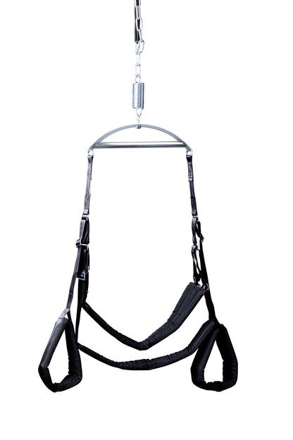 JOYDIVISION LOVESWING Multi Vario – verstellbare schwarze Liebesschaukel mit mehreren Halteschlaufen, flexiblen Gurten und zentraler Aufhängung in vollständiger Produktansicht auf weißem Hintergrund – erhältlich bei Evoria Care