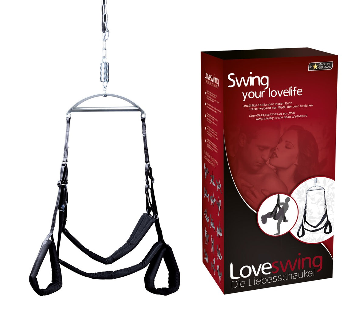 JOYDIVISION LOVESWING Multi Vario – schwarze verstellbare Liebesschaukel mit gepolsterten Halteschlaufen, mehreren Gurten und Aufhängung neben der rot-schwarzen Originalverpackung – erhältlich bei Evoria Care