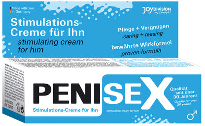 JOYDIVISION PENISEX – blau-weiße Originalverpackung der Intimcreme für Männer mit großem schwarz-blauem PENISEX Schriftzug, JOYDIVISION Markenlogo und weiteren Produktinformationen in frontaler Verpackungsansicht – erhältlich bei Evoria Care
