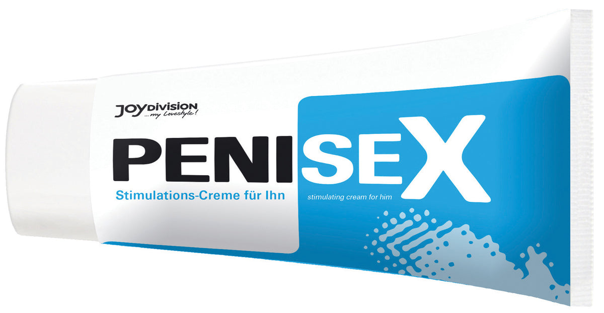 JOYDIVISION PENISEX – weiße Tube der Intimcreme für Männer mit blauem Farbverlauf, schwarzem PENISEX Schriftzug und weißem Verschluss in waagerechter Produktansicht auf weißem Hintergrund – erhältlich bei Evoria Care