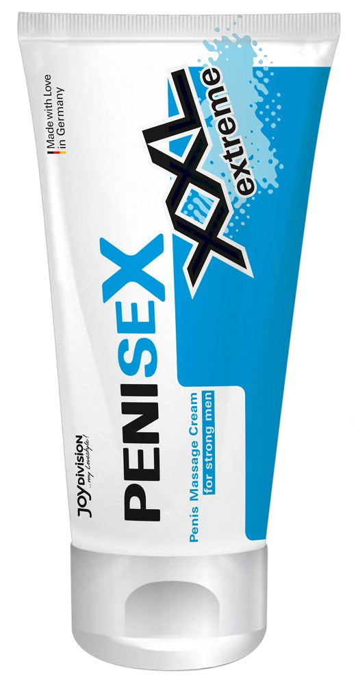 JOYDIVISION PENISEX XXL Extreme – weiße Tube der wärmenden Penis-Massagecreme mit blauem XXL Extreme Design, schwarzem PENISEX Schriftzug und weißem Verschluss in aufrechter Vorderansicht – erhältlich bei Evoria Care