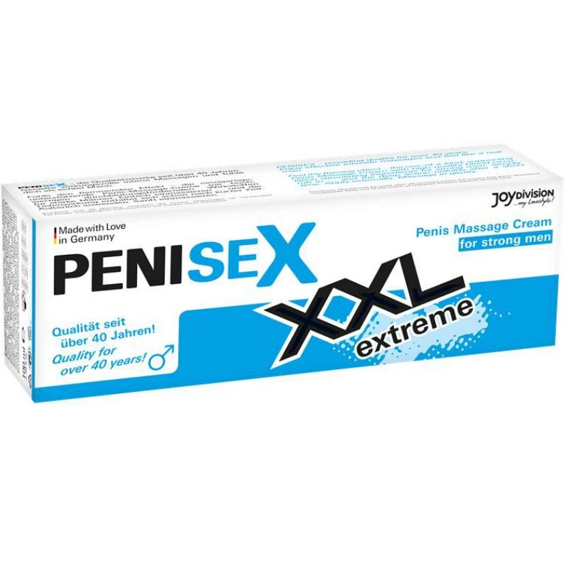 JOYDIVISION PENISEX XXL Extreme – längliche weiß-blaue Originalverpackung der wärmenden Penis-Massagecreme mit PENISEX XXL Extreme Schriftzug und auffälliger blauer Produktgestaltung in waagerechter Ansicht – erhältlich bei Evoria Care