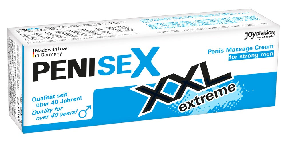 JOYDIVISION PENISEX XXL Extreme – weiß-blaue Originalverpackung der wärmenden Penis-Massagecreme mit großem PENISEX Schriftzug, auffälligem XXL Extreme Design und JOYDIVISION Markenlogo auf weißem Hintergrund – erhältlich bei Evoria Care