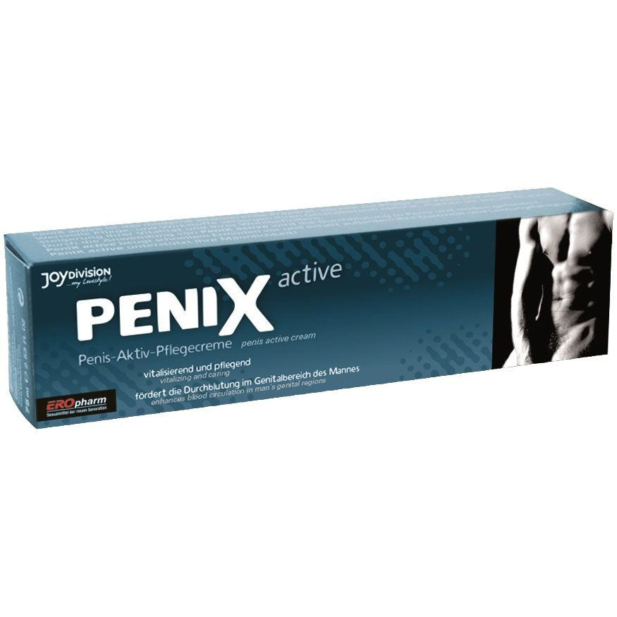 JOYDIVISION PeniX active – dunkelblaue rechteckige Originalverpackung mit großem weißem PENIX Schriftzug, schwarz-weißem Motiv und sichtbarer Seitenfläche in waagerechter Schrägansicht auf weißem Hintergrund – erhältlich bei Evoria Care