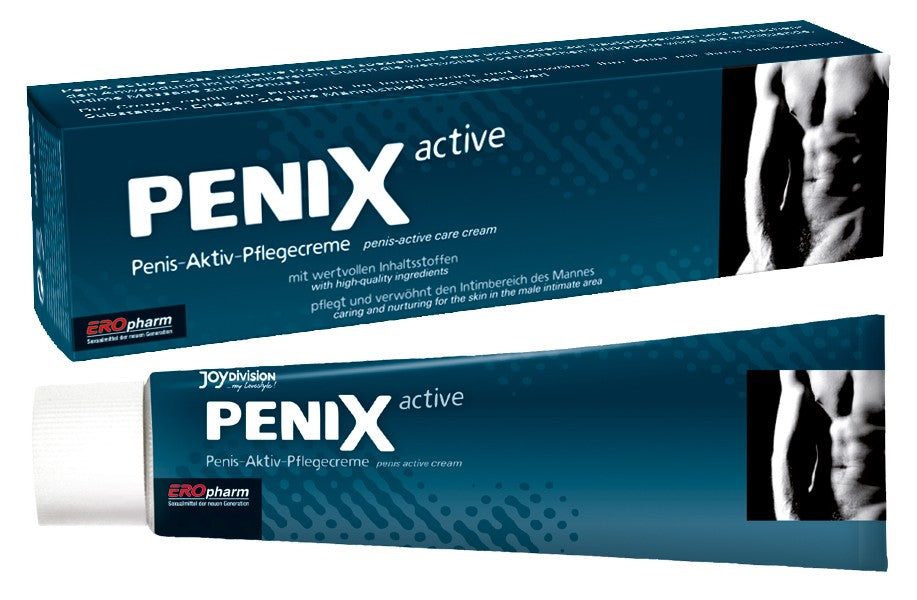 JOYDIVISION PeniX active – dunkelblaue Originalverpackung der Männerpflege mit großem weißem PENIX Schriftzug und schwarz-weißem Motiv, gemeinsam mit der weiß-dunkelblauen Produkttube in waagerechter Darstellung auf weißem Hintergrund – erhältlich bei Evoria Care