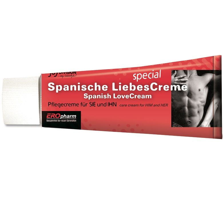 JOYDIVISION Spanische LiebesCreme – rote rechteckige Produktverpackung mit weißer Beschriftung und schwarzem Markenelement in seitlicher Ansicht auf weißem Hintergrund – erhältlich bei Evoria Care