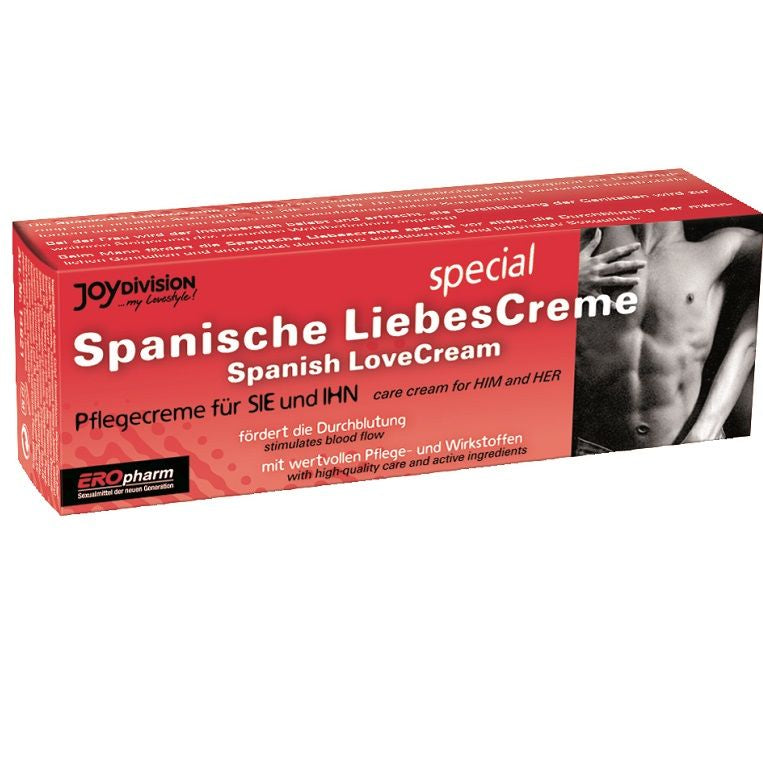JOYDIVISION Spanische LiebesCreme – Rückseite der roten Originalverpackung mit weißem Informationsfeld, schwarzer und weißer Produktbeschriftung sowie weiteren aufgedruckten Produktangaben auf weißem Hintergrund – erhältlich bei Evoria Care