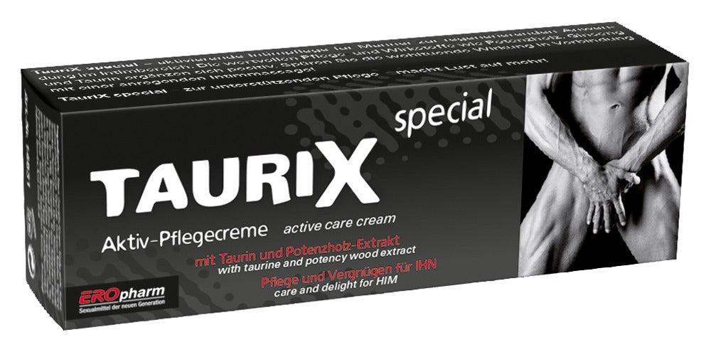 JOYDIVISION TauriX special – schwarze rechteckige Originalverpackung der Männerpflege mit großem weißem TAURIX Schriftzug, silberfarbenem Motiv und Produktinformationen in schräger Ansicht auf weißem Hintergrund – erhältlich bei Evoria Care