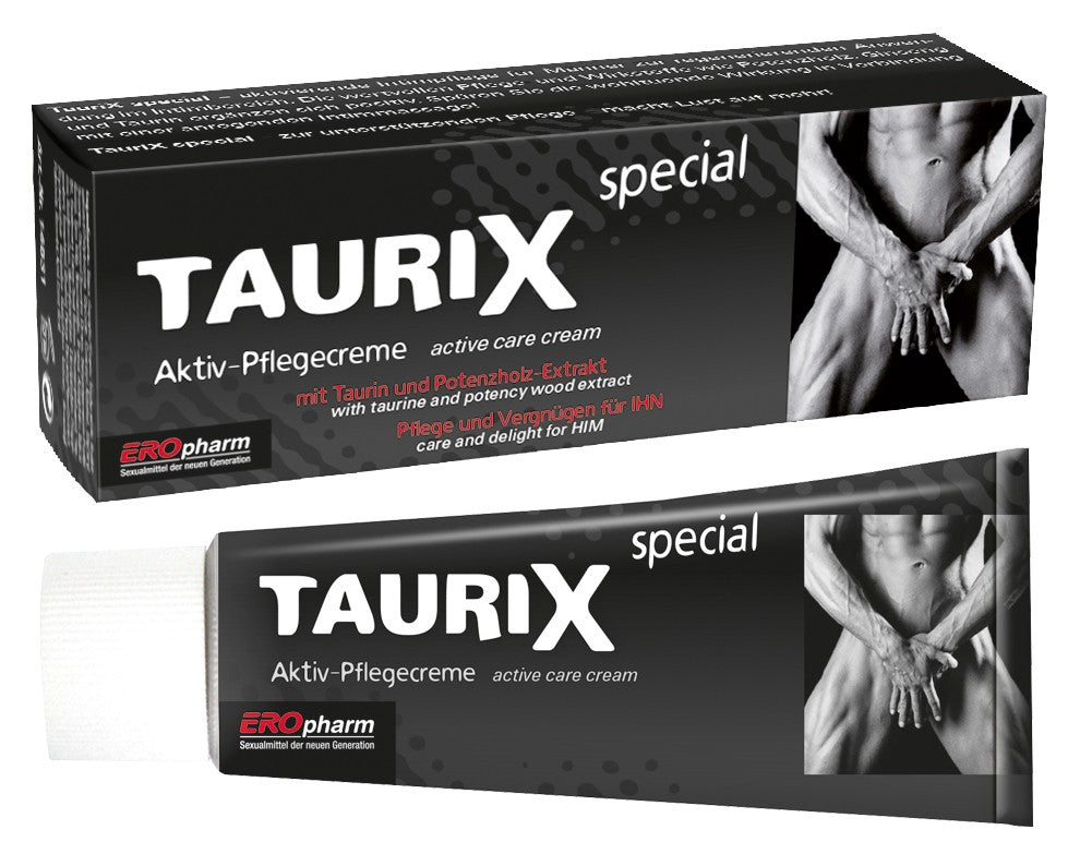 JOYDIVISION TauriX special – zwei Ansichten der schwarzen Originalverpackung mit weißer TAURIX Produktbeschriftung und silberfarbenem Motiv, übereinander in einer gemeinsamen Bilddatei dargestellt – erhältlich bei Evoria Care