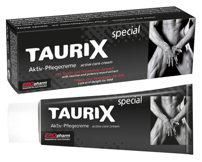 JOYDIVISION TauriX special – zwei Ansichten der schwarzen Originalverpackung mit weißer TAURIX Produktbeschriftung und silberfarbenem Motiv, übereinander in einer gemeinsamen Bilddatei dargestellt – erhältlich bei Evoria Care