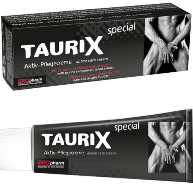 JOYDIVISION TauriX special – schwarze rechteckige Originalverpackung mit großem weißem TAURIX Schriftzug und silberfarbenen Grafikelementen, in zwei weiteren übereinander angeordneten Produktperspektiven auf weißem Hintergrund – erhältlich bei Evoria Care
