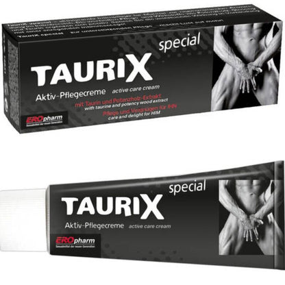 JOYDIVISION TauriX special – schwarze rechteckige Originalverpackung mit großem weißem TAURIX Schriftzug und silberfarbenen Grafikelementen, in zwei weiteren übereinander angeordneten Produktperspektiven auf weißem Hintergrund – erhältlich bei Evoria Care