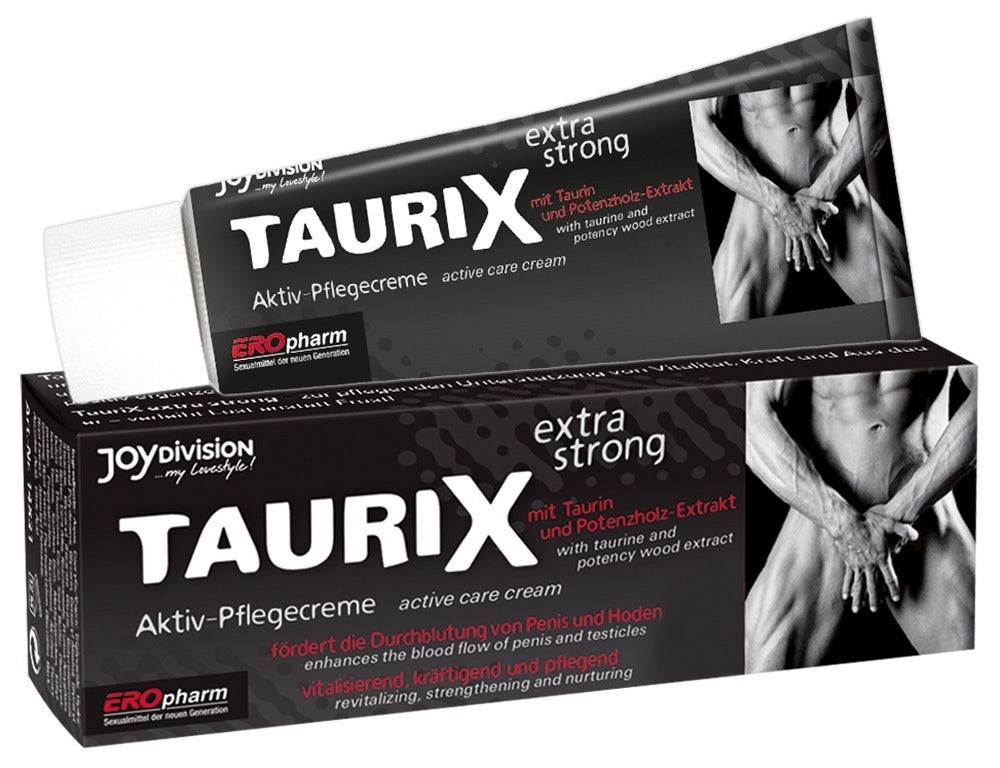 JOYDIVISION TauriX special – schwarze Originalverpackung der Männerpflege mit weißem TAURIX Schriftzug, silberfarbenem Motiv und sichtbarer seitlicher Verpackungsfläche in schräger Vorderansicht – erhältlich bei Evoria Care