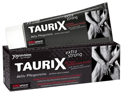 JOYDIVISION TauriX special – schwarze Originalverpackung der Männerpflege mit weißem TAURIX Schriftzug, silberfarbenem Motiv und sichtbarer seitlicher Verpackungsfläche in schräger Vorderansicht – erhältlich bei Evoria Care