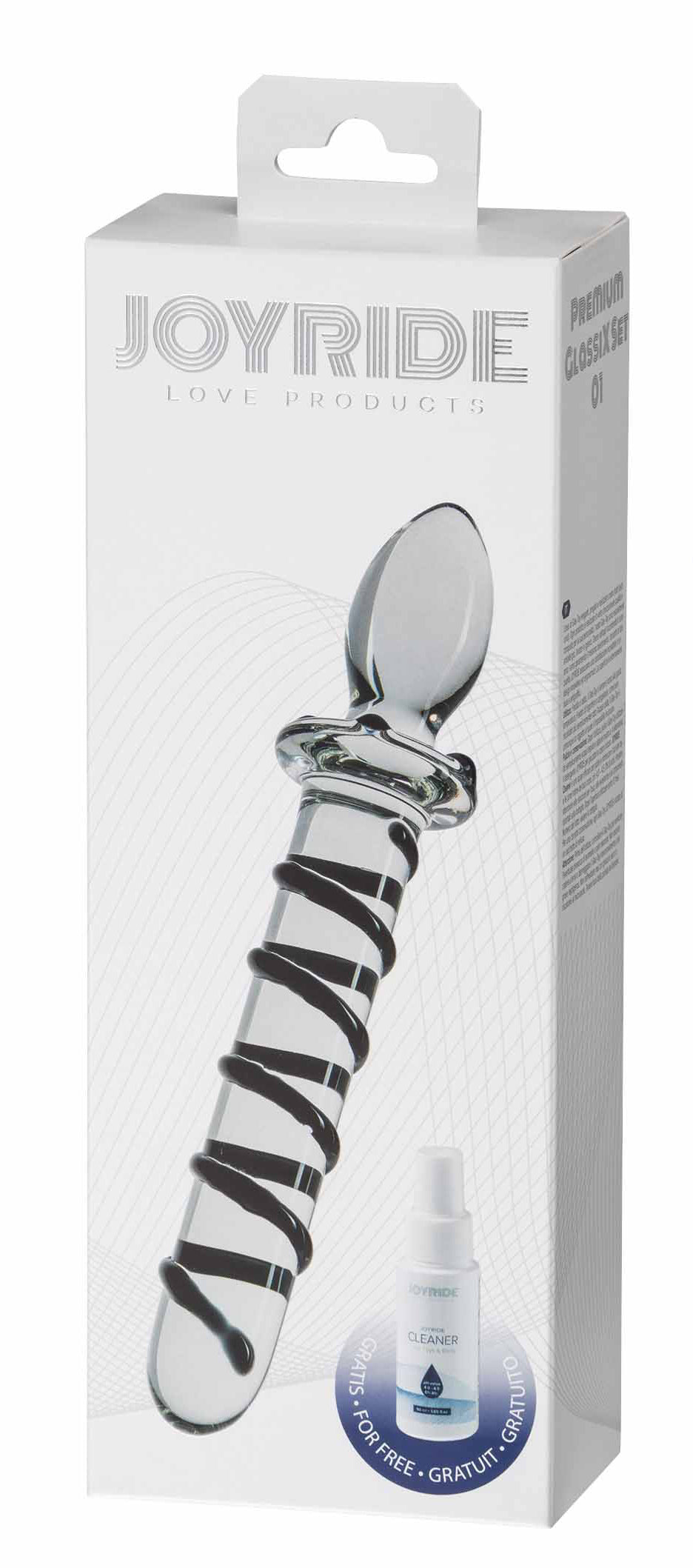 JOYRIDE GlassiX Set 01 – transparente Originalverpackung mit sichtbarem Glasdildo in schwarz-weißer Spiraloptik, kugelförmiger Spitze und JOYRIDE Markenbeschriftung – erhältlich bei Evoria Care
