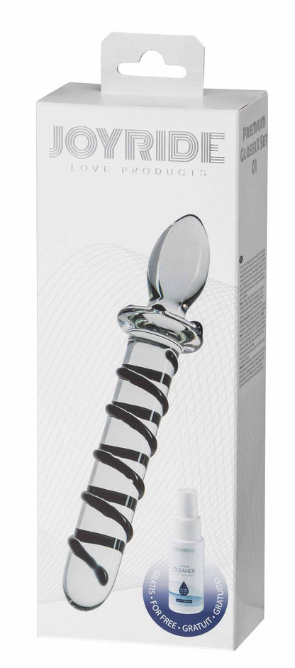 JOYRIDE GlassiX Set 01 – transparente Originalverpackung mit sichtbarem Glasdildo in schwarz-weißer Spiraloptik, kugelförmiger Spitze und JOYRIDE Markenbeschriftung – erhältlich bei Evoria Care