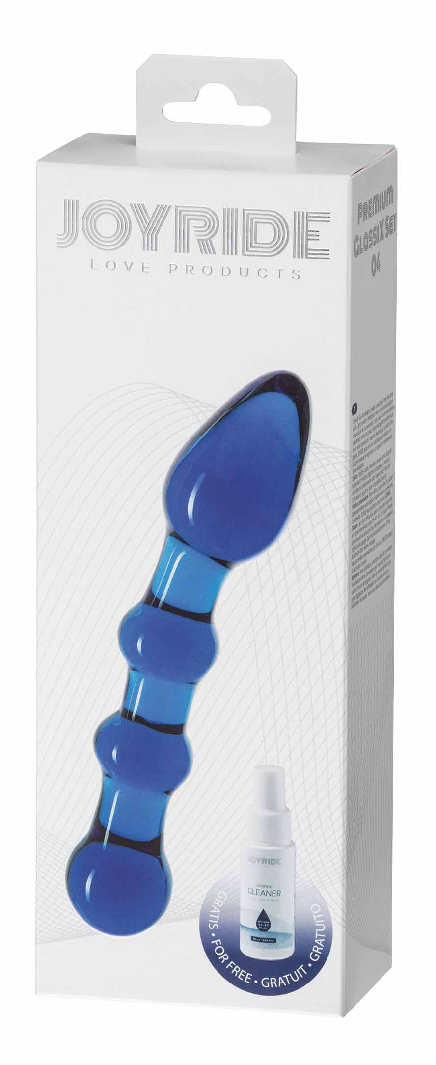 JOYRIDE GlassiX Set 04 – transparente Originalverpackung mit sichtbarem blauem Glasdildo, mehreren kugelförmigen Verdickungen entlang des Schafts und JOYRIDE Markenbeschriftung – erhältlich bei Evoria Care
