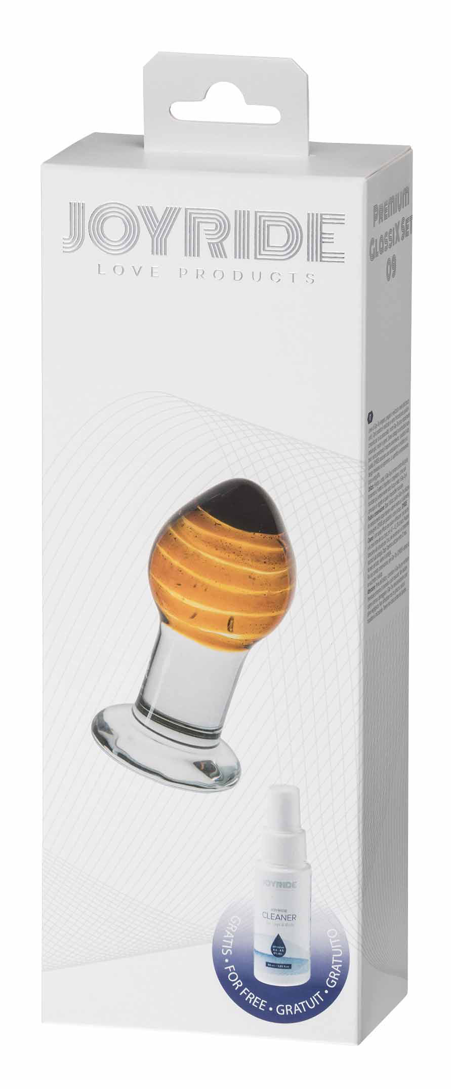 JOYRIDE GlassiX Set 09 – transparente Originalverpackung mit sichtbarem Glas-Analplug im gold-schwarzen Streifendesign, breitem Standfuß und JOYRIDE Markenbeschriftung – erhältlich bei Evoria Care