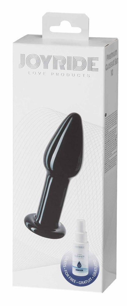 JOYRIDE GlassiX Set 10 – transparente Originalverpackung mit sichtbarem schwarzem Glasdildo, abgerundeter Spitze, breitem Standfuß und JOYRIDE Markenbeschriftung – erhältlich bei Evoria Care
