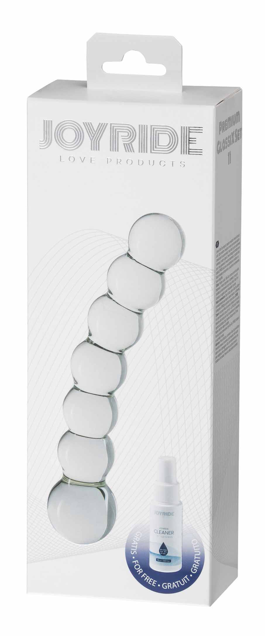 JOYRIDE GlassiX Set 11 – transparente Originalverpackung mit sichtbarem weißem Glasdildo, mehreren kugelförmigen Verdickungen entlang des Schafts und JOYRIDE Markenbeschriftung – erhältlich bei Evoria Care