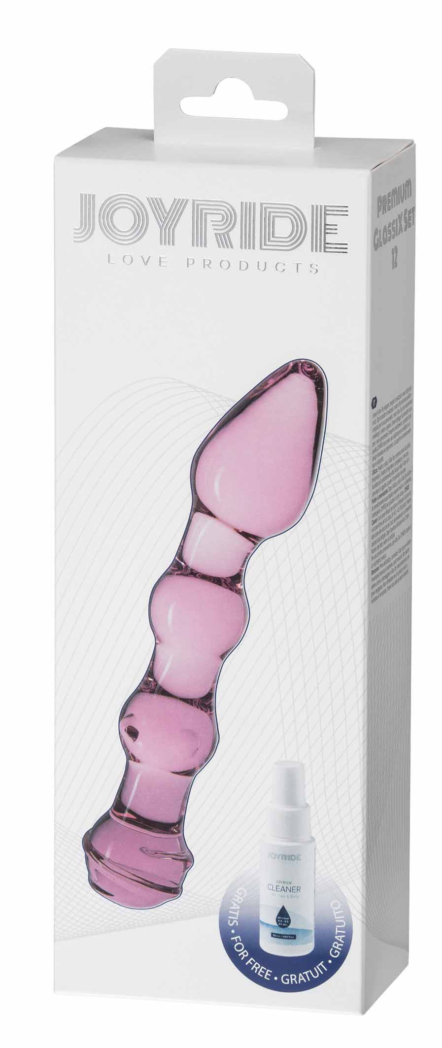 JOYRIDE GlassiX Set 12 – transparente Originalverpackung mit sichtbarem rosafarbenem Glasdildo, wellenförmig strukturiertem Schaft und JOYRIDE Markenbeschriftung – erhältlich bei Evoria Care