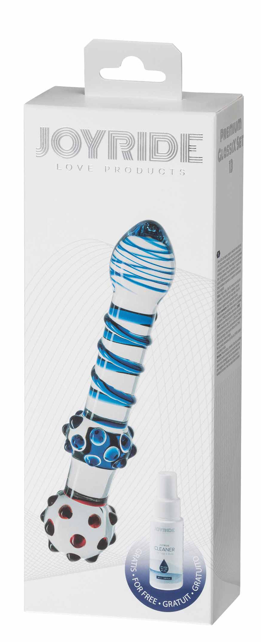 JOYRIDE GlassiX Set 13 – transparente Originalverpackung mit sichtbarem Glasdildo im blau-schwarzen Spiraldesign, genoppter Kugel am Schaftende und JOYRIDE Markenbeschriftung – erhältlich bei Evoria Care