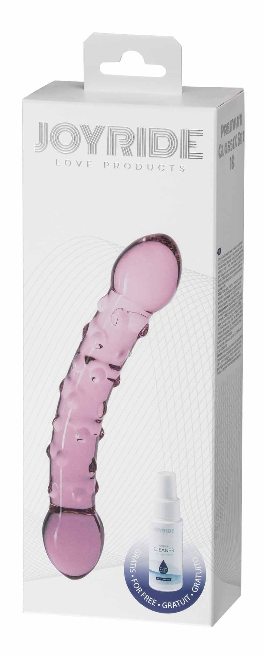 JOYRIDE GlassiX Set 18 – transparente Originalverpackung mit sichtbarem rosafarbenem Glasdildo, strukturiertem Schaft und JOYRIDE Markenbeschriftung – erhältlich bei Evoria Care
