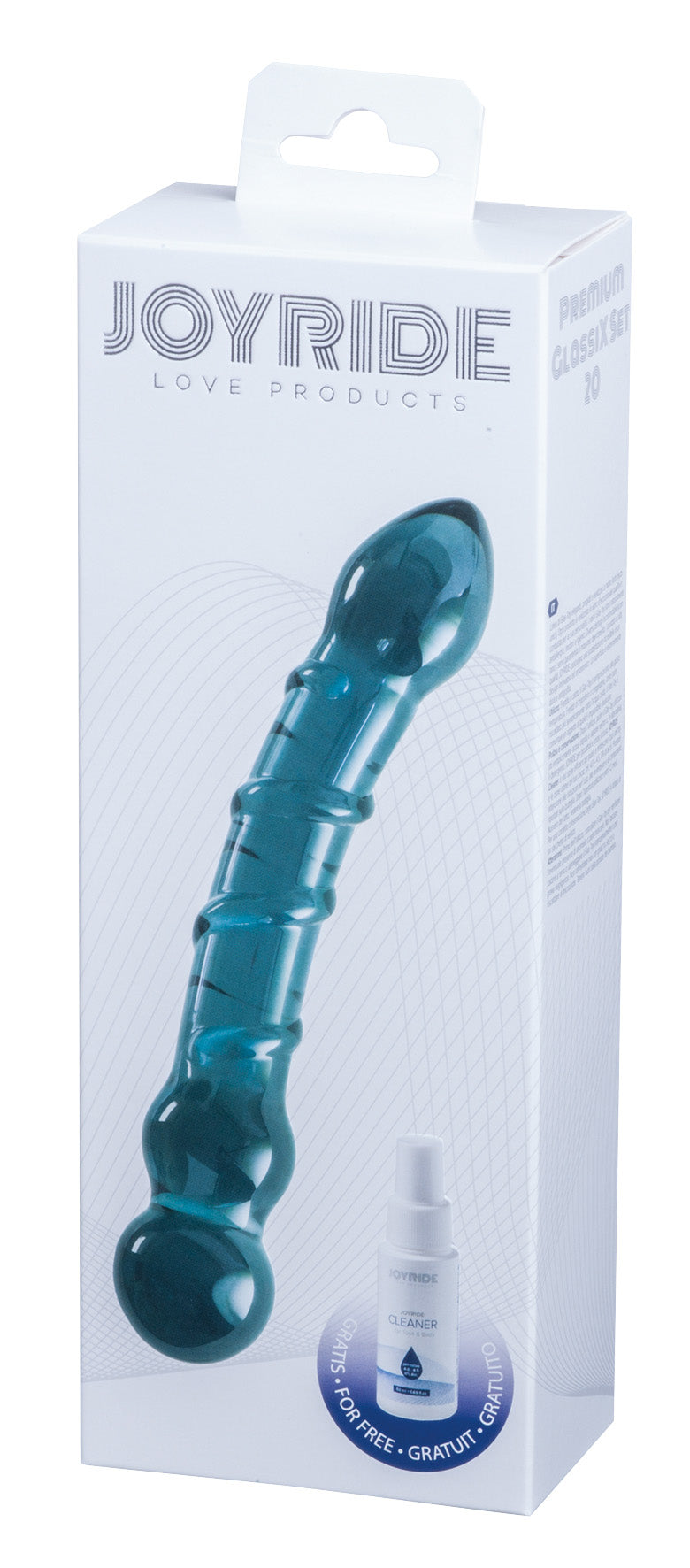 JOYRIDE GlassiX Set 20 – transparente Originalverpackung mit sichtbarem dunkelgrünem Glasdildo, strukturiertem Schaft und JOYRIDE Markenbeschriftung – erhältlich bei Evoria Care
