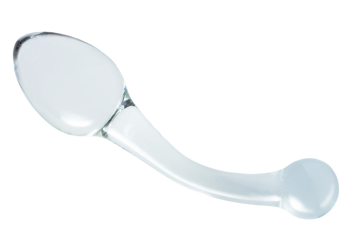 JOYRIDE GlassiX Set 21 – hellblauer doppelseitiger Glasdildo mit geschwungenem Schaft, breitem ovalem Ende und kleinerem abgerundetem Ende auf weißem Hintergrund – erhältlich bei Evoria Care