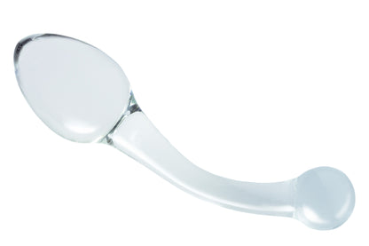 JOYRIDE GlassiX Set 21 – hellblauer doppelseitiger Glasdildo mit geschwungenem Schaft, breitem ovalem Ende und kleinerem abgerundetem Ende auf weißem Hintergrund – erhältlich bei Evoria Care