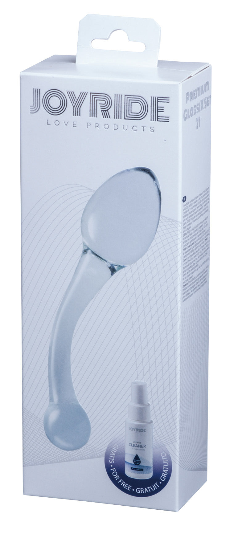 JOYRIDE GlassiX Set 21 – transparente Originalverpackung mit sichtbarem hellblauem Glasdildo in geschwungener Form und JOYRIDE Markenbeschriftung – erhältlich bei Evoria Care