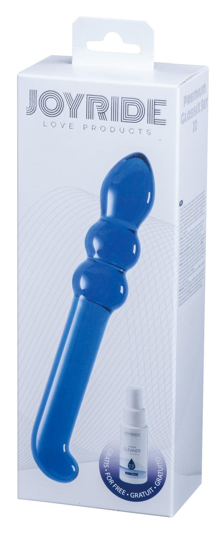 JOYRIDE GlassiX Set 22 – transparente Originalverpackung mit sichtbarem blauem Glasdildo, kugelförmig strukturiertem Schaft und JOYRIDE Markenbeschriftung – erhältlich bei Evoria Care
