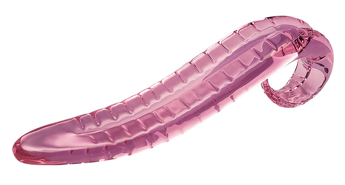 JOYRIDE Premium GlassiX Set 25 – pinkfarbener Glasdildo mit geschwungener Form, abgerundeten Enden und strukturierter Glasoberfläche in einzelner Produktansicht auf weißem Hintergrund – erhältlich bei Evoria Care