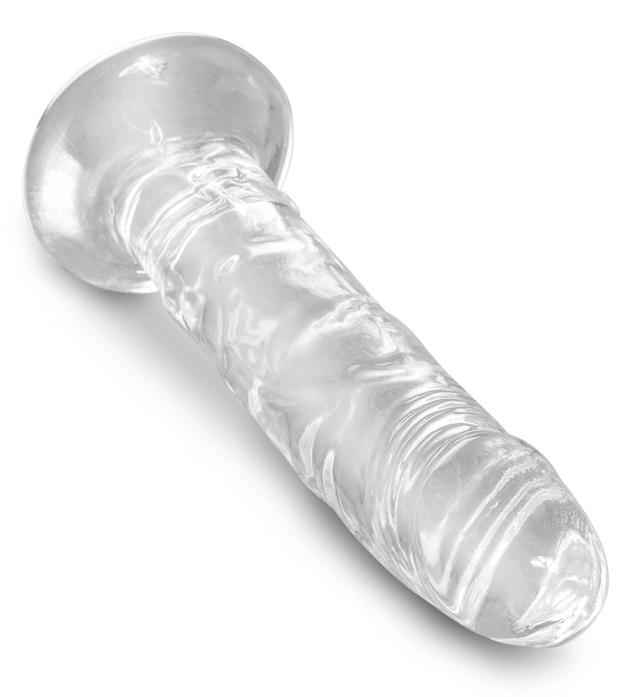 King Cock Clear Cock realistischer Dildo in Transparent mit ausgeprägter Eichel, strukturierter Oberfläche und rundem Saugfuß in diagonaler Detailansicht – erhältlich bei Evoria Care