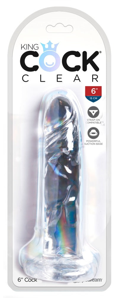 King Cock Clear Cock realistischer Dildo mit Saugfuß in transparenter Ausführung, dargestellt in der länglichen Originalverpackung mit King Cock Markenlogo – erhältlich bei Evoria Care