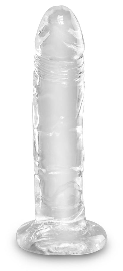 King Cock Clear Cock transparenter Dildo mit realistischer Oberflächenstruktur, geformter Eichel und breitem Saugfuß in aufrechter Gesamtansicht – erhältlich bei Evoria Care