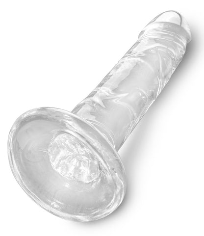 King Cock Clear Cock transparenter Dildo mit anatomisch geformtem Schaft und rundem Saugfuß in schräger Seitenansicht – erhältlich bei Evoria Care