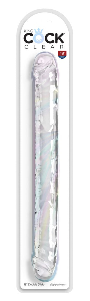 King Cock Clear Double Trouble transparenter Doppeldildo in länglicher Verkaufsverpackung mit sichtbarem Produkt – erhältlich bei Evoria Care
