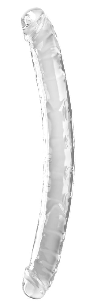 King Cock Clear Double Trouble Doppeldildo in transparenter Ausführung mit gebogenem Schaft und anatomisch geformten Enden in seitlicher Produktansicht – erhältlich bei Evoria Care