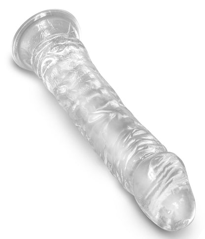 King Cock Clear Realistic Dildo mit anatomisch geformter Eichel, transparenter Oberflächenstruktur und rundem Saugfuß in diagonaler Detailansicht – erhältlich bei Evoria Care
