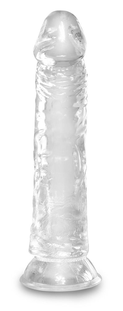 King Cock Clear Realistic Dildo in Transparent mit naturgetreu strukturiertem Schaft, ausgeformter Eichel und breitem Saugfuß in aufrechter Gesamtansicht – erhältlich bei Evoria Care